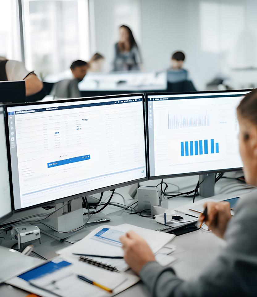 Agency finance team reviewing a margin dashboard in a bright office with multiple monitors showing client profitability charts