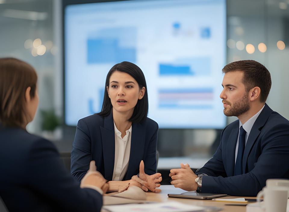 Team member speaking with a business client in a Palo Alto meeting room with budget charts on a screen