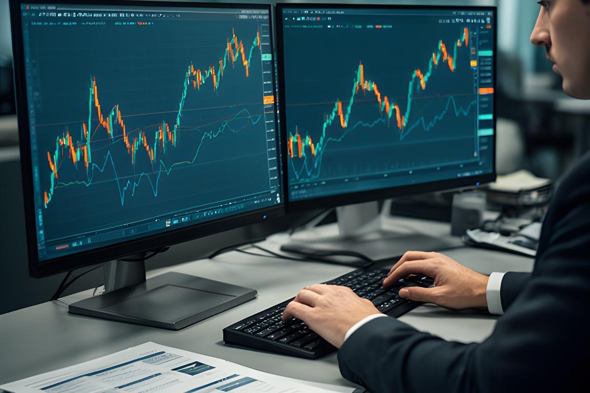 Finance analyst comparing payroll currency charts on a desk with two monitors and printed variance reports