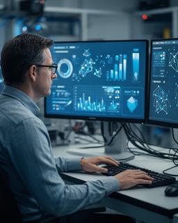 Chief technology officer in a data lab with finance models on dual monitors
