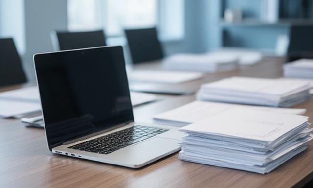 Legal documents and a laptop on a conference table in a bright Palo Alto office